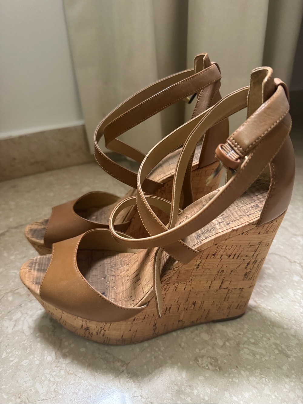Michael Kors Brown Cork Wedge Sandals with Ankle Straps
